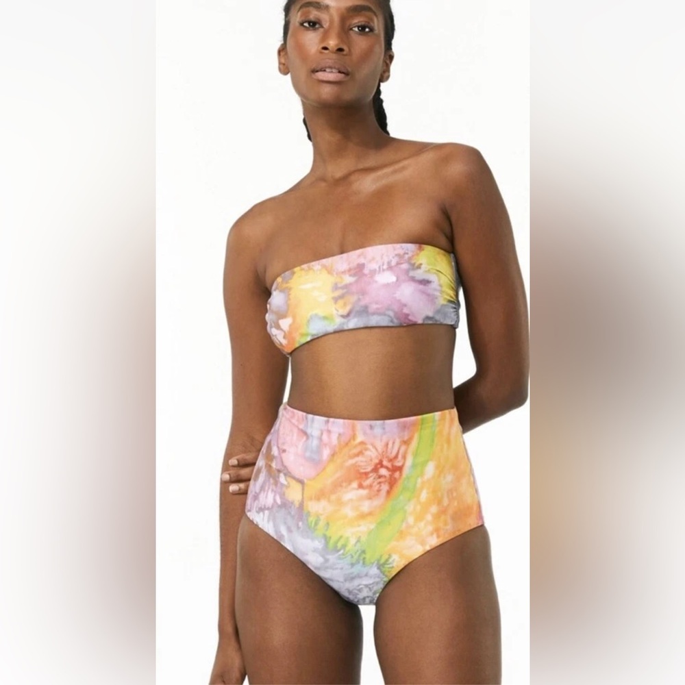 Mara Hoffman Sz Small Pink Multi Bandeau & Lydia High-Waisted Swim Bottom Set